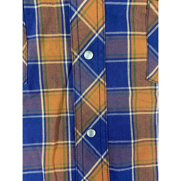 Wrangler Shirt Mens Large Orange Blue Plaid Pearl Western Cowboy Vintage 80s - Picture 10 of 15